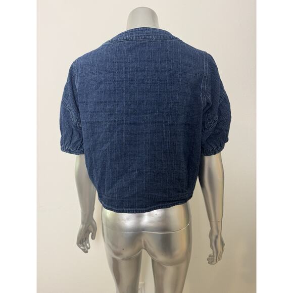 Cropped Jacket Womens Small Puff Sleeve Blue Denim Buttons Heart Pockets KUOSE - Picture 5 of 16